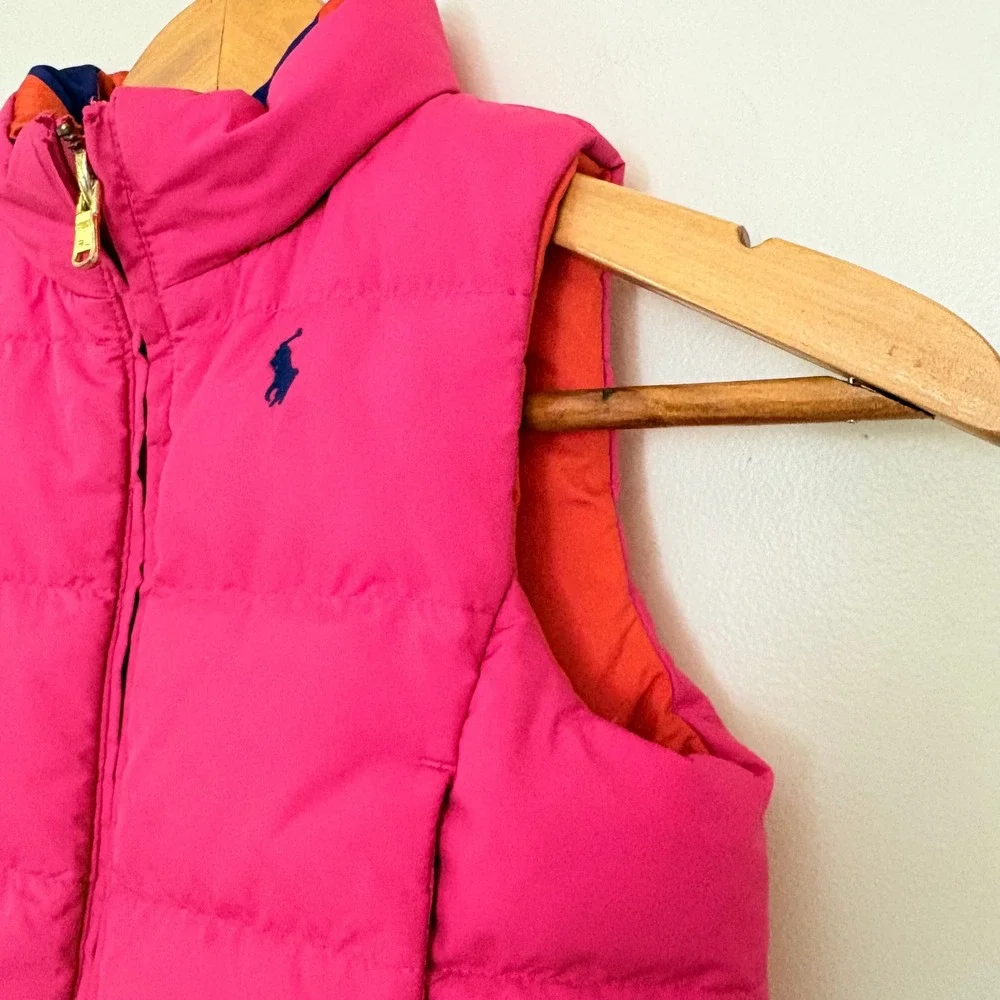 Ralph Lauren Girls Puffer Vest Reversible Size 5 Pink Orange Quilted Pony Logo